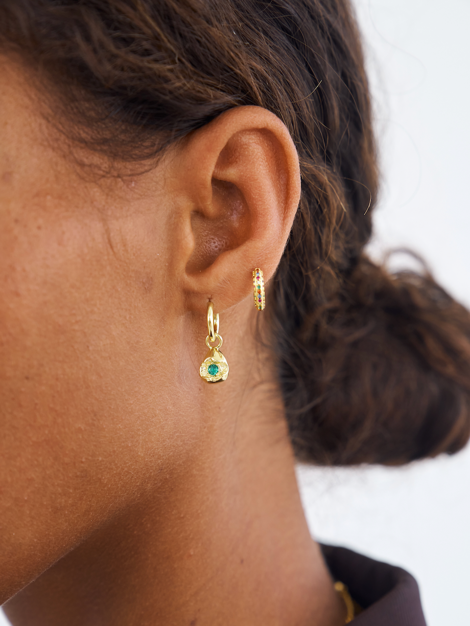 Mimi Earrings, Emerald, Gold, Gemstone, Gold Earrings, Earring Stack