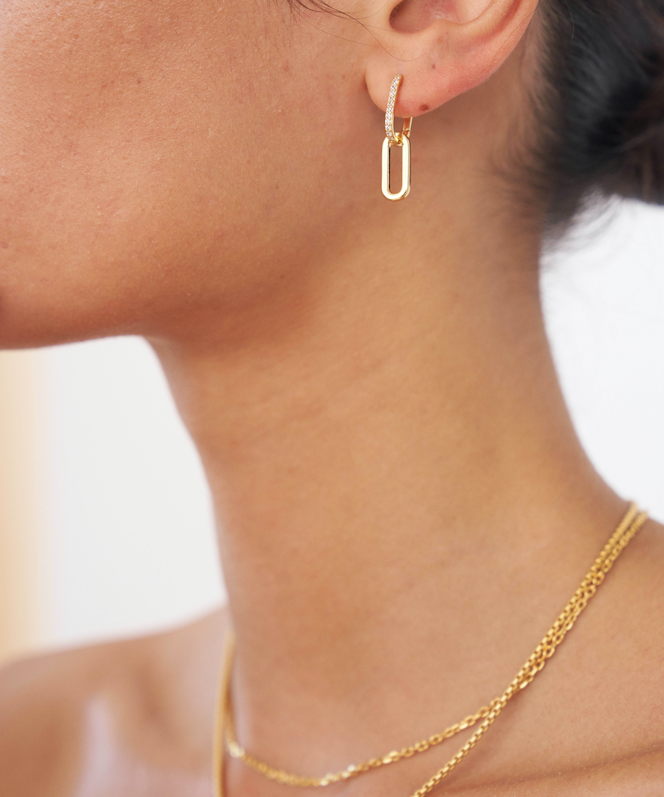 Celine Earrings Gold Pave, link earrings, drop earrings, sterling silver, gold plated, earring stack