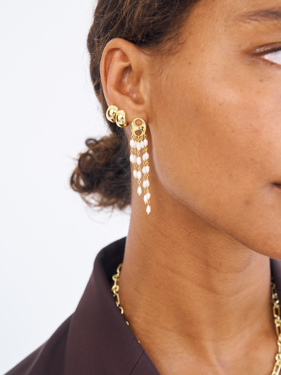Gabrielle Earrings, pearl, pearl drop earrings, studs, gold, gold plated, earring stack