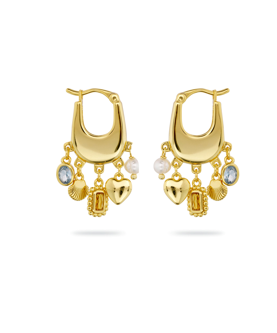 Gwendolyn Earrings, gold earrings, hoop, pearl, shell, gemstone, heart, ear stack, gold plated