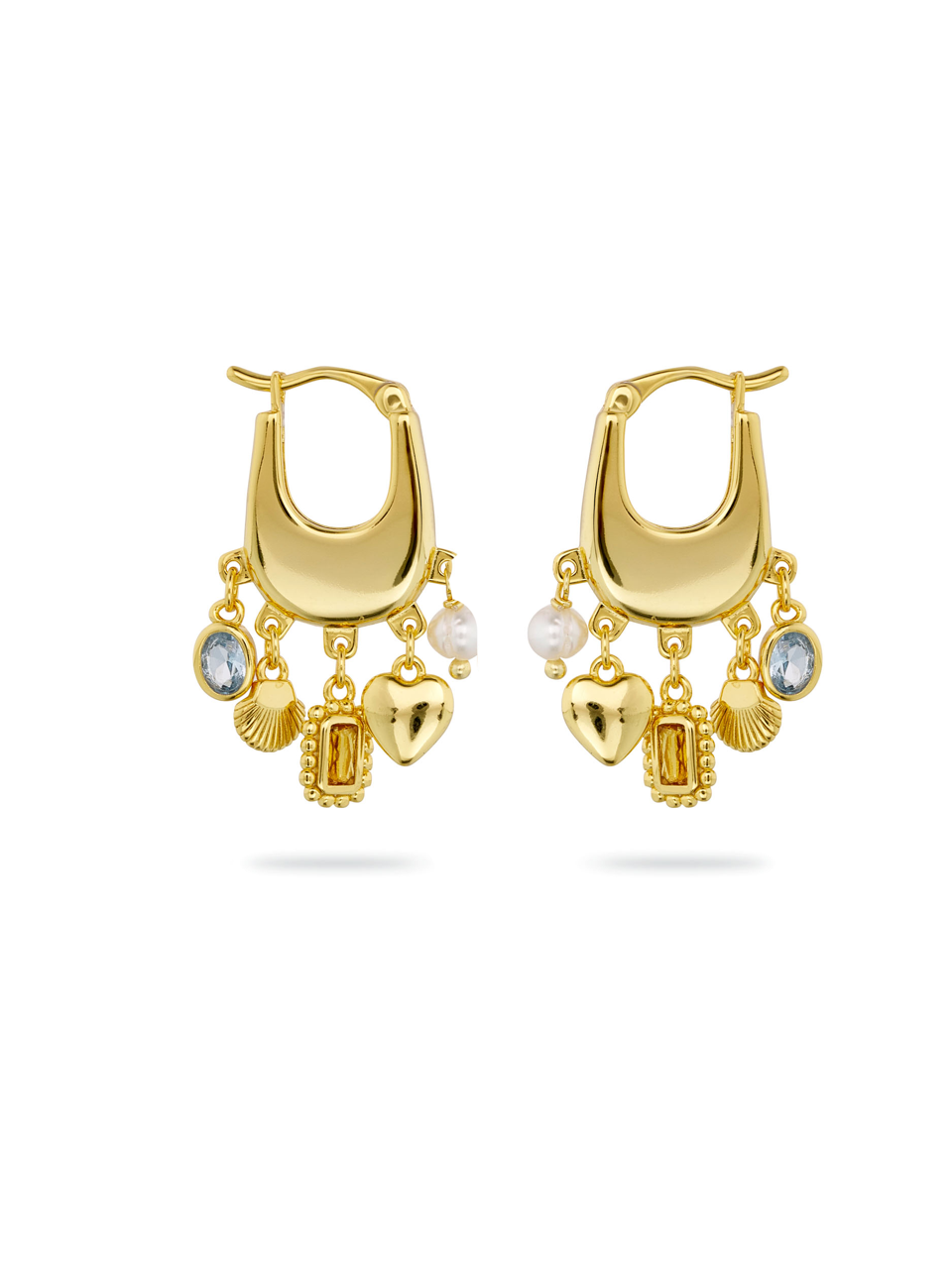 Gwendolyn Earrings, gold earrings, hoop, pearl, shell, gemstone, heart, ear stack, gold plated