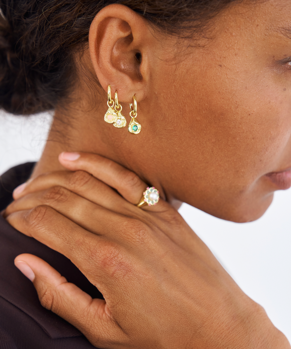 Mimi Earrings, Emerald, Gold, Pink, Gemstone, Gold Earrings