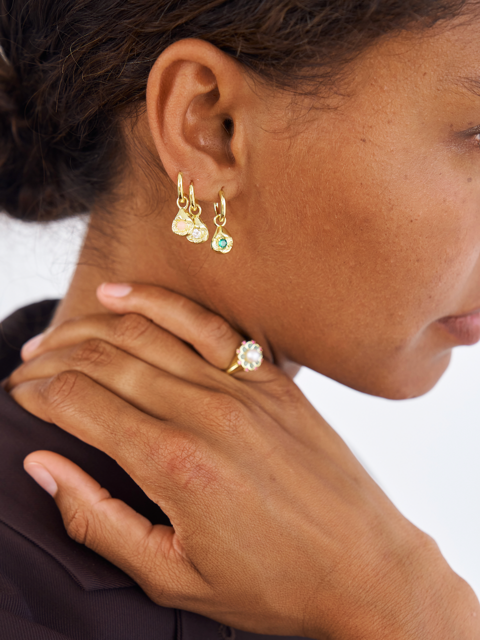 Mimi Earrings, White, Crystal, Gold, Gemstone, Gold Earrings, Earring Stack, Emerald, Pink Opal