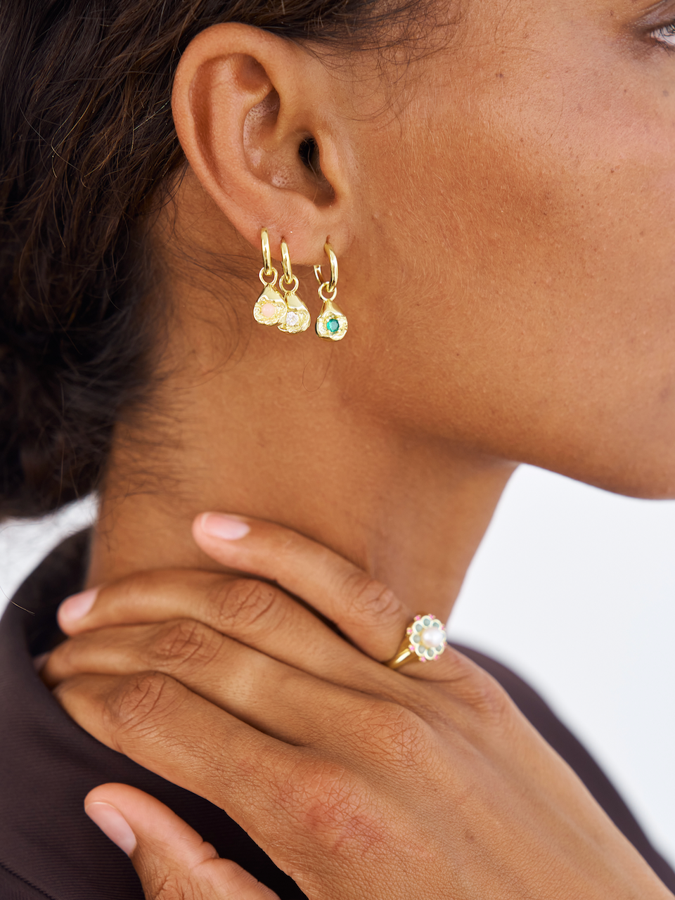 Mimi Earrings, White, Crystal, Gold, Gemstone, Gold Earrings, Earring Stack, Emerald, Pink Opal