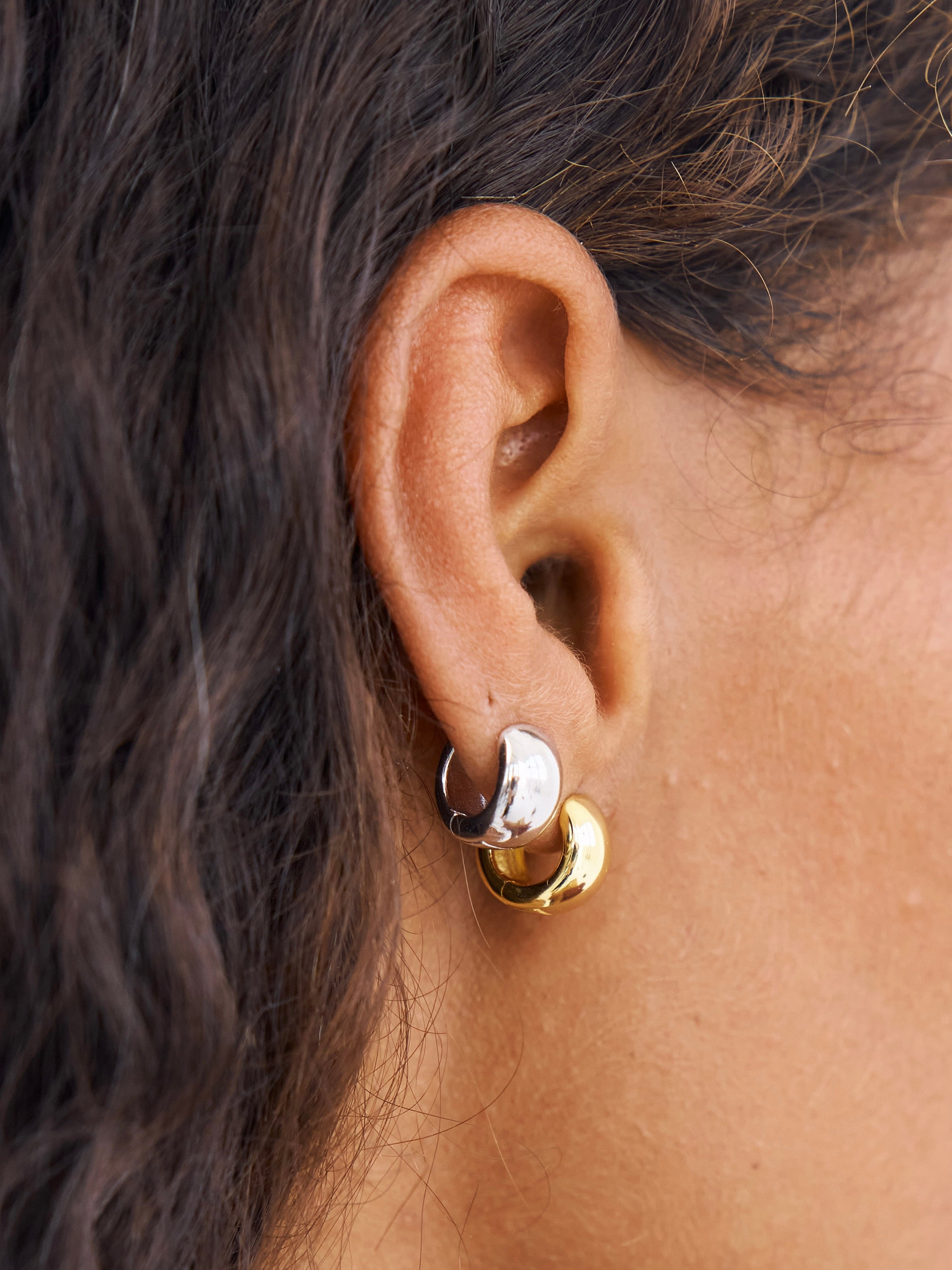 Noa Huggies, gold huggies, hoops, ear stack, earrings, sterling silver, gold plated