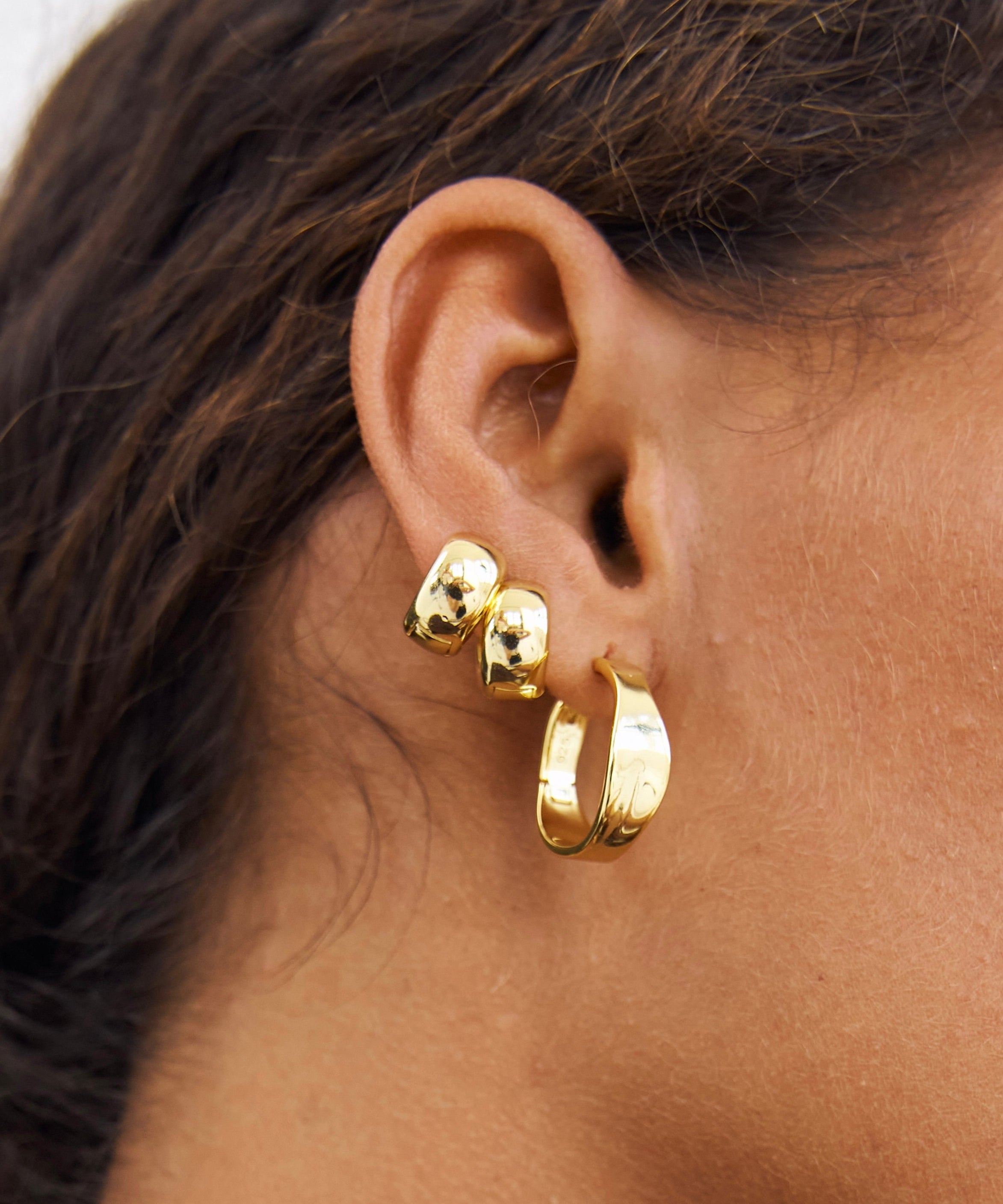 Noa Huggies, gold huggies, hoops, ear stack, earrings, sterling silver, gold plated