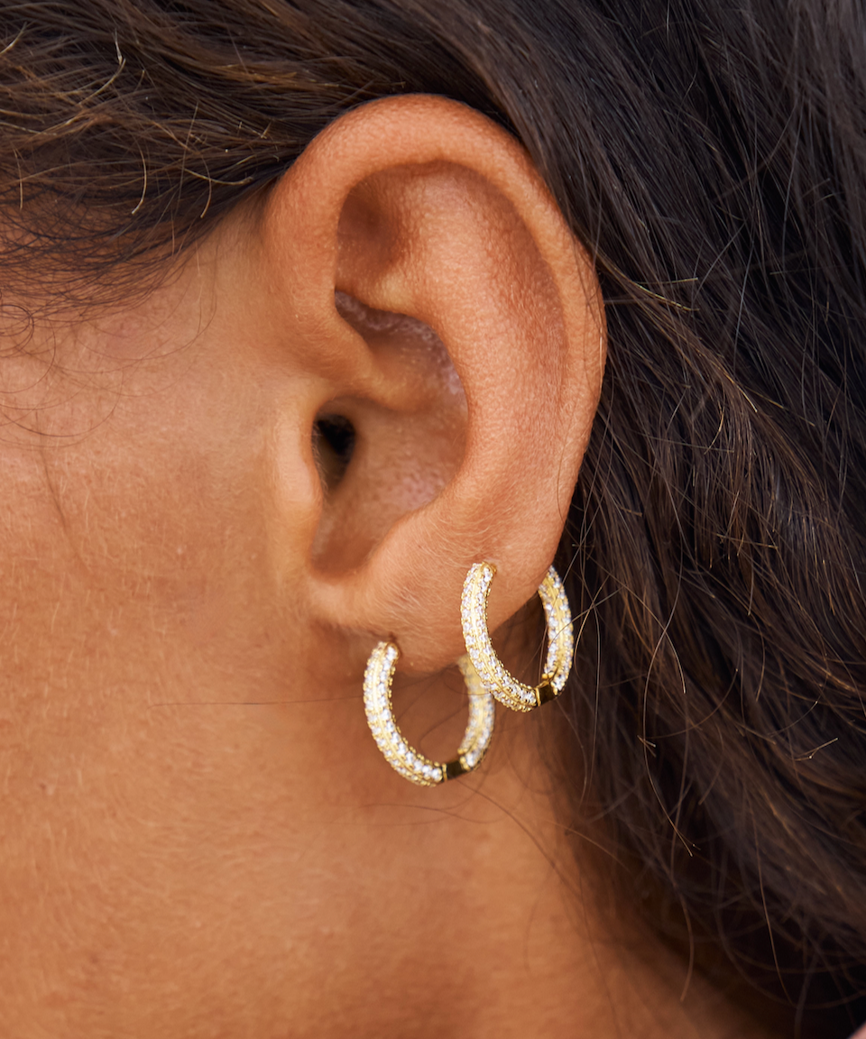 Priscilla Pave Hoops, gold hoops, huggies, earring stack, crystals, sterling silver, gold plated, gold