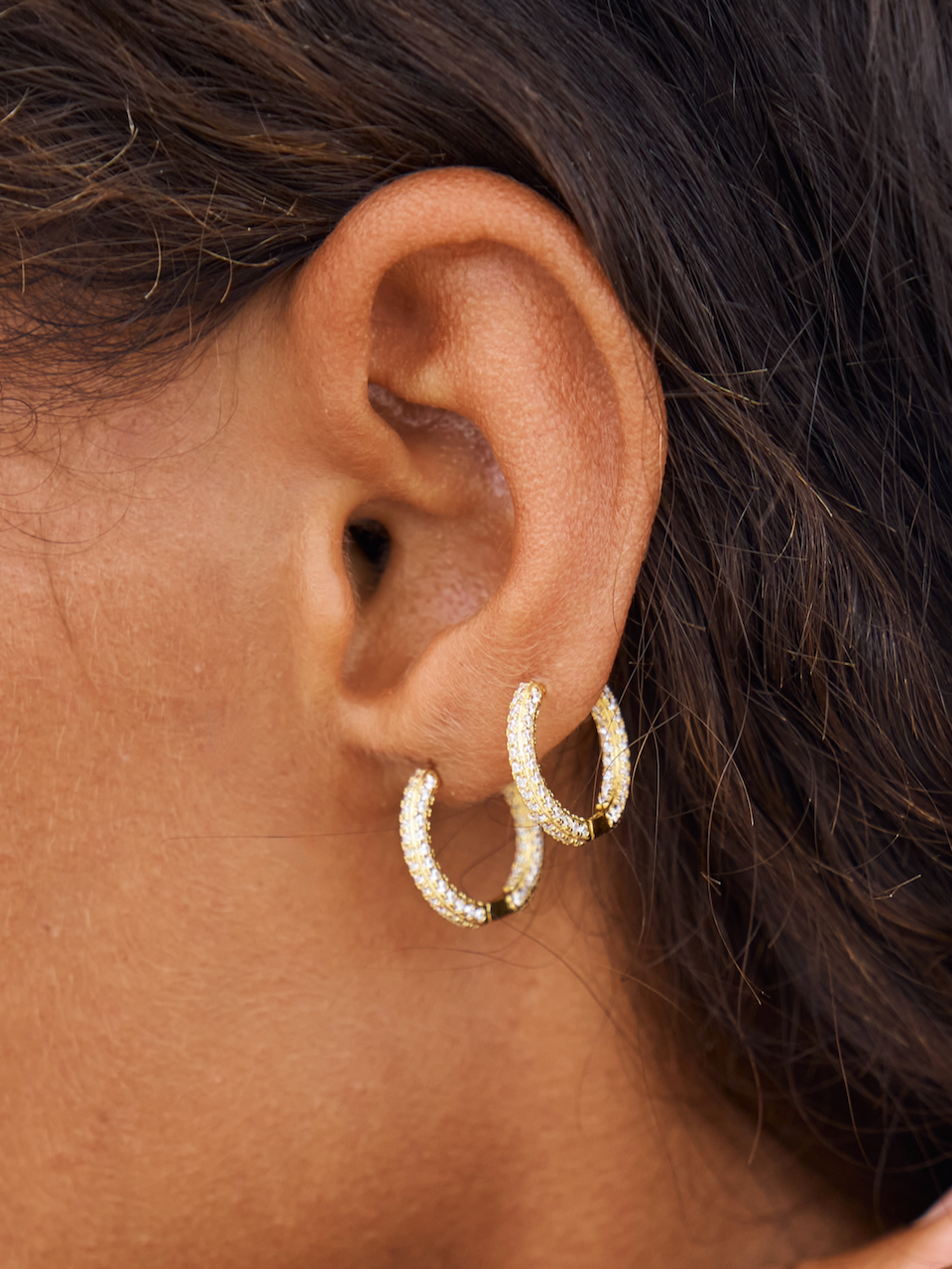 Priscilla Pave Hoops, gold hoops, huggies, earring stack, crystals, sterling silver, gold plated, gold