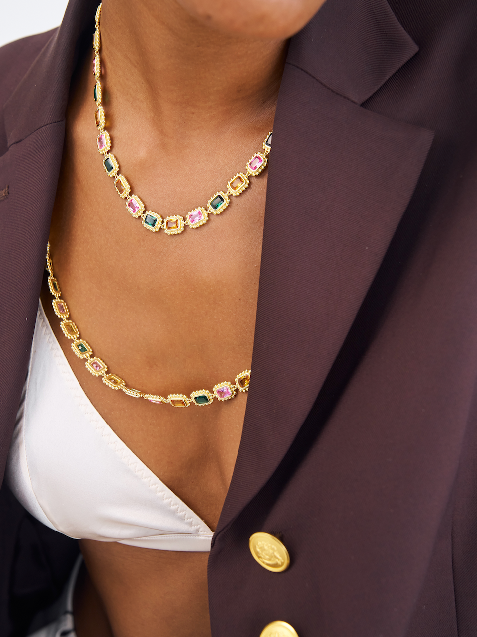 Remy Necklace Royale, choker necklace, gold, gemstones, cubic zirconia, multi-colour, gold plated, sterling silver