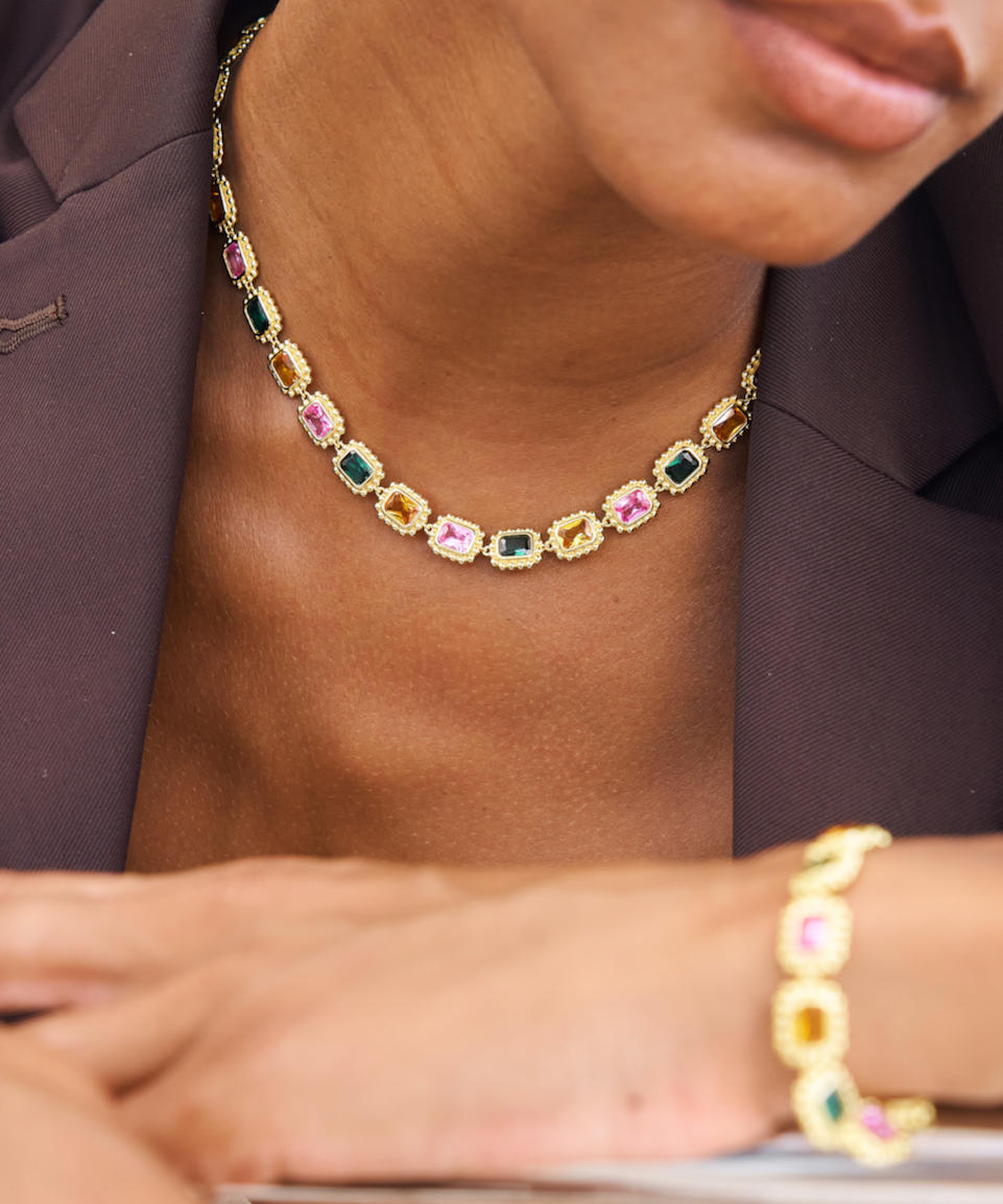 Remy Necklace Royale, choker necklace, gold, gemstones, cubic zirconia, multi-colour, gold plated, sterling silver