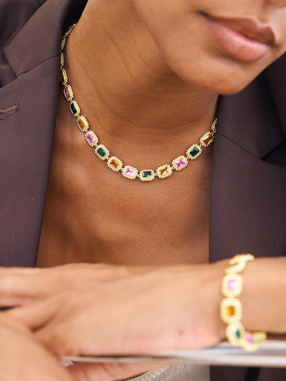 Remy Necklace Royale, choker necklace, gold, gemstones, cubic zirconia, multi-colour, gold plated, sterling silver