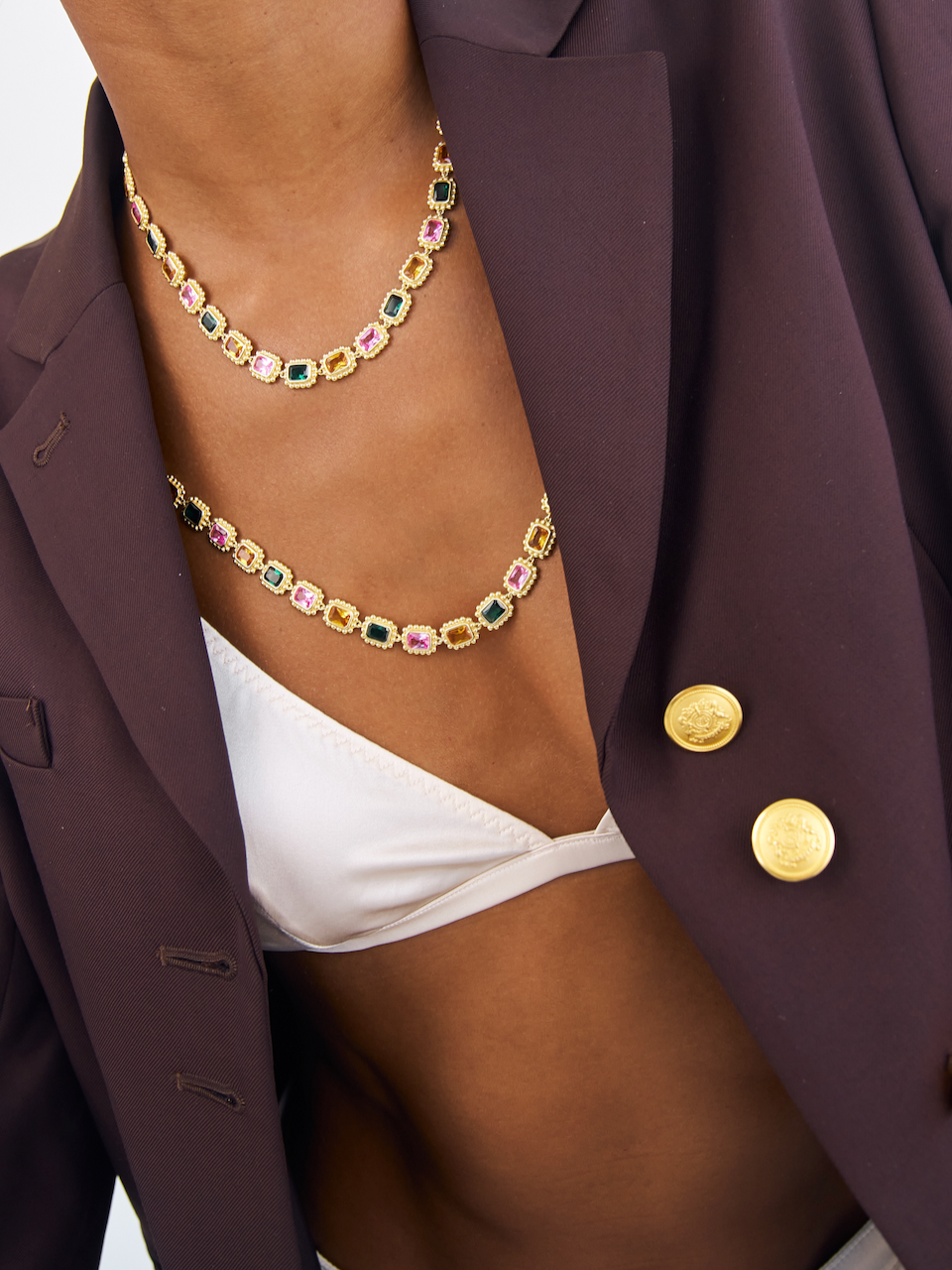 Remy Necklace Royale, choker necklace, gold, gemstones, cubic zirconia, multi-colour, gold plated, sterling silver