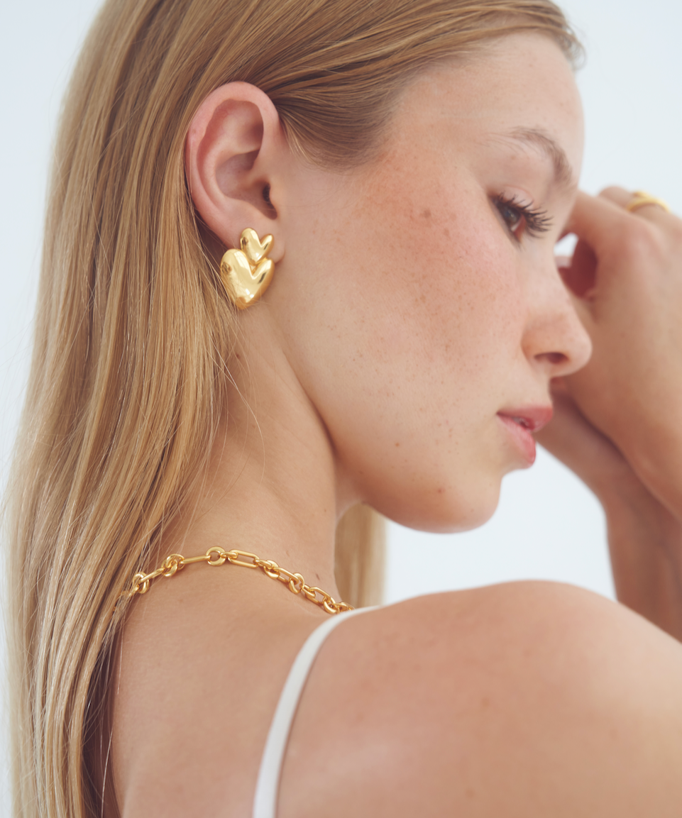 Vivienne Earrings Gold, heart earrings, studs, statement, gold earrings, gold plated, sterling silver
