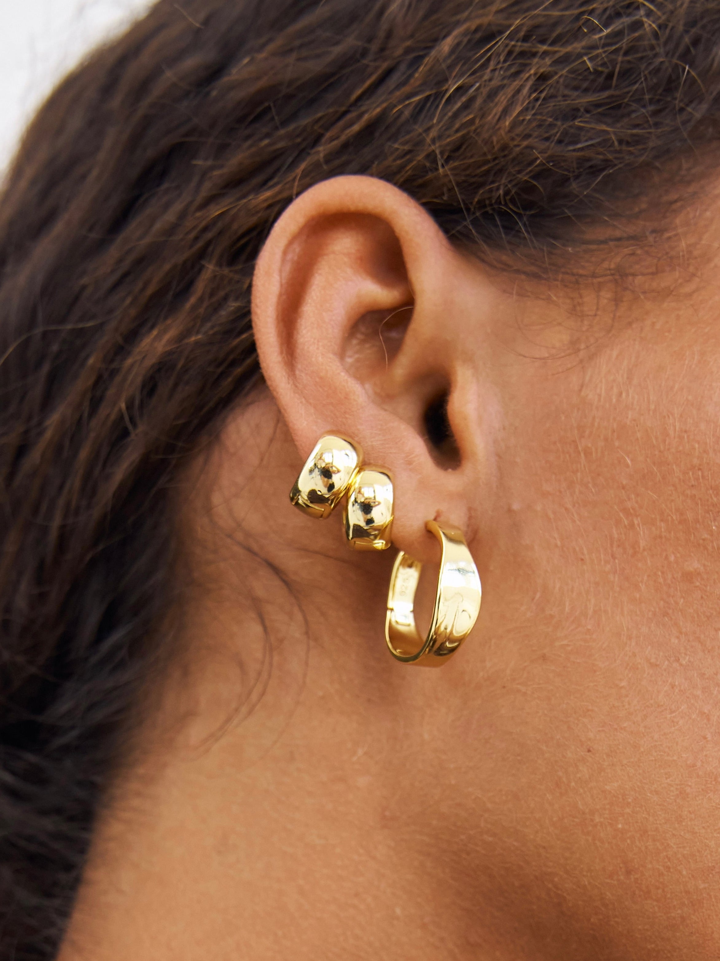 Noa Huggies, gold huggies, hoops, ear stack, earrings, sterling silver, gold plated