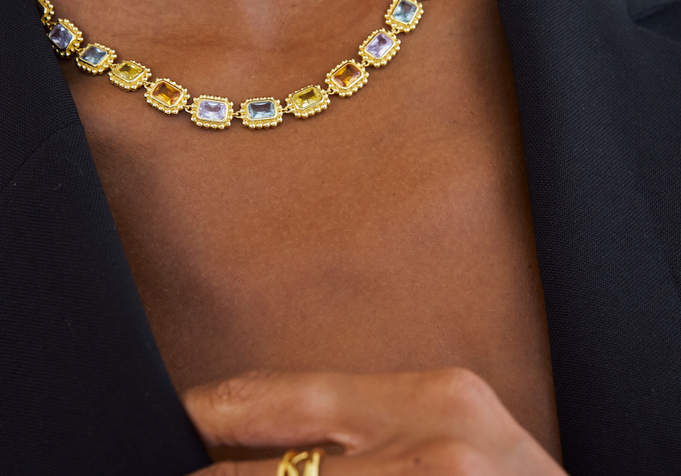 Remy Necklace Pastel, choker necklace, gold, gemstones, cubic zirconia, multi-colour, gold plated, sterling silver
