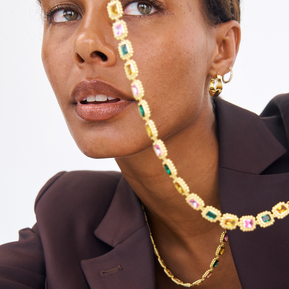 Remy Necklace Royale, choker necklace, gold, gemstones, cubic zirconia, multi-colour, gold plated, sterling silver