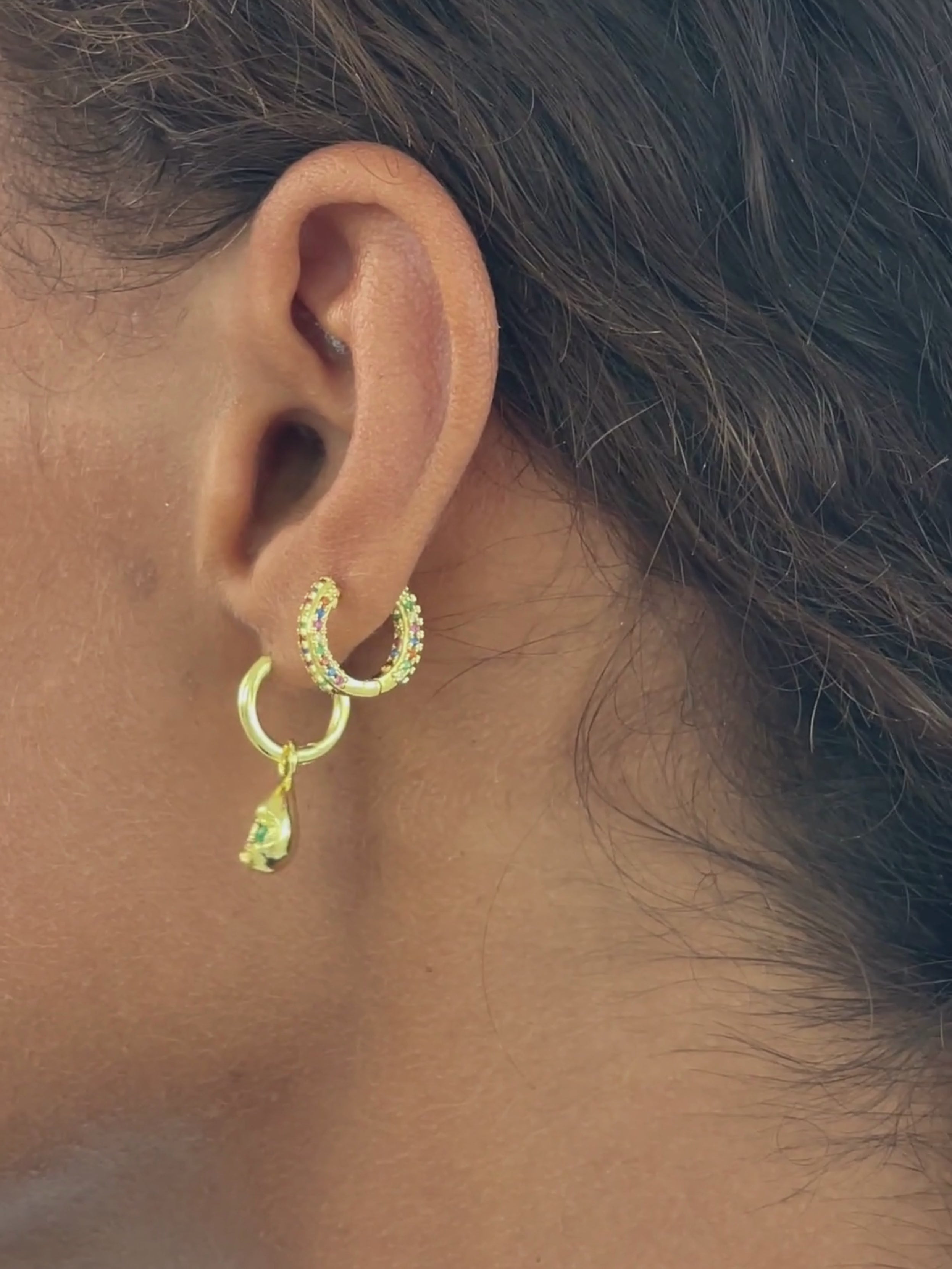 Mimi Earrings, Artemis Rainbow Huggies, Emerald, Gold, Gemstone, Gold Earrings, Earring Stack